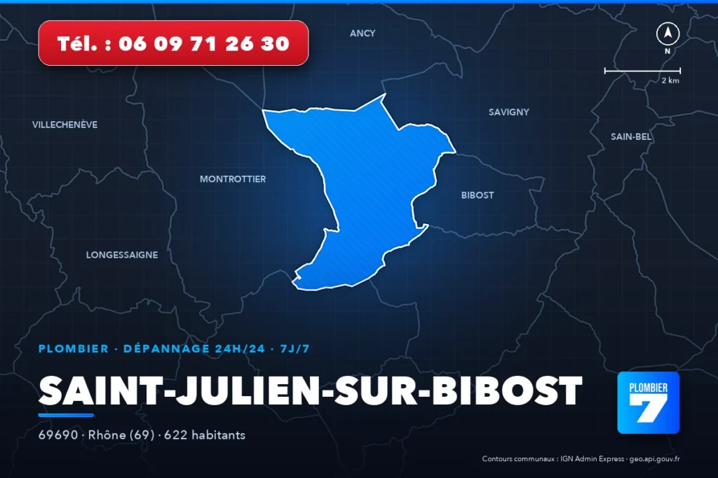 Plombier à Saint-Julien-sur-Bibost (69690) — zone d'intervention de Plombier 7, dépannage 24h/24 et 7j/7