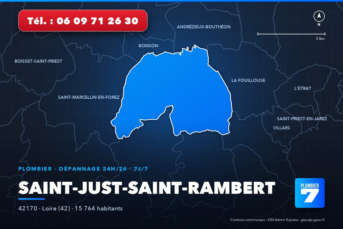 Plombier à Saint-Just-Saint-Rambert (42170) — zone d'intervention de Plombier 7, dépannage 24h/24 et 7j/7