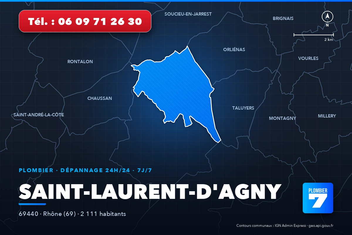 Plombier à Saint-Laurent-d'Agny (69440) — zone d'intervention de Plombier 7, dépannage 24h/24 et 7j/7