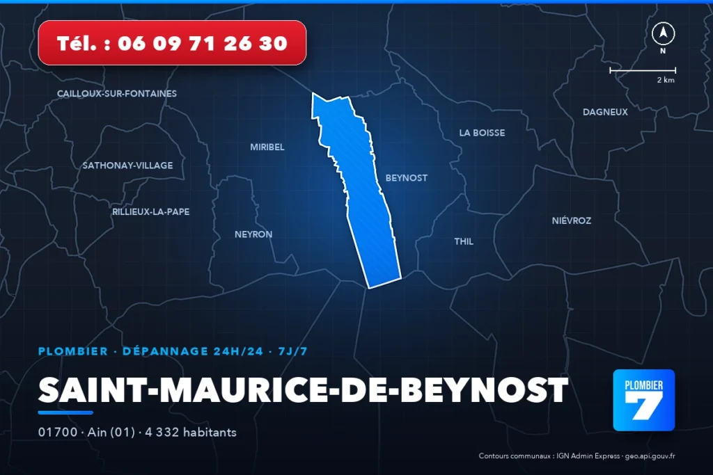 Plombier à Saint-Maurice-de-Beynost (01700) — zone d'intervention de Plombier 7, dépannage 24h/24 et 7j/7