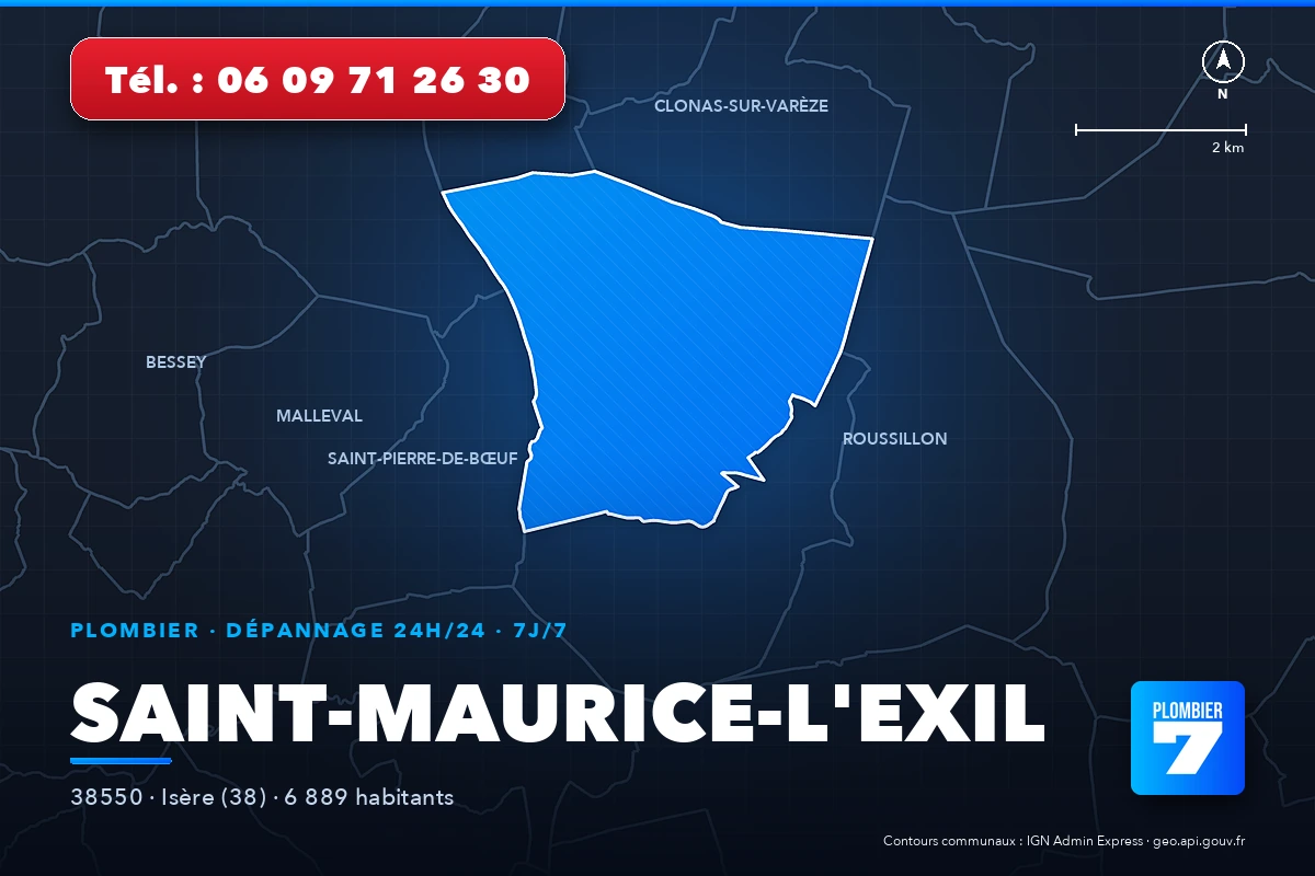 Plombier à Saint-Maurice-l'Exil (38550) — zone d'intervention de Plombier 7, dépannage 24h/24 et 7j/7