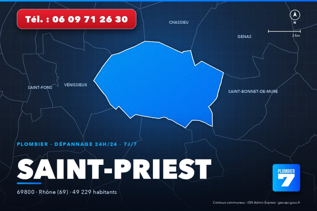 Plombier à Saint-Priest (69800) — zone d'intervention de Plombier 7, dépannage 24h/24 et 7j/7
