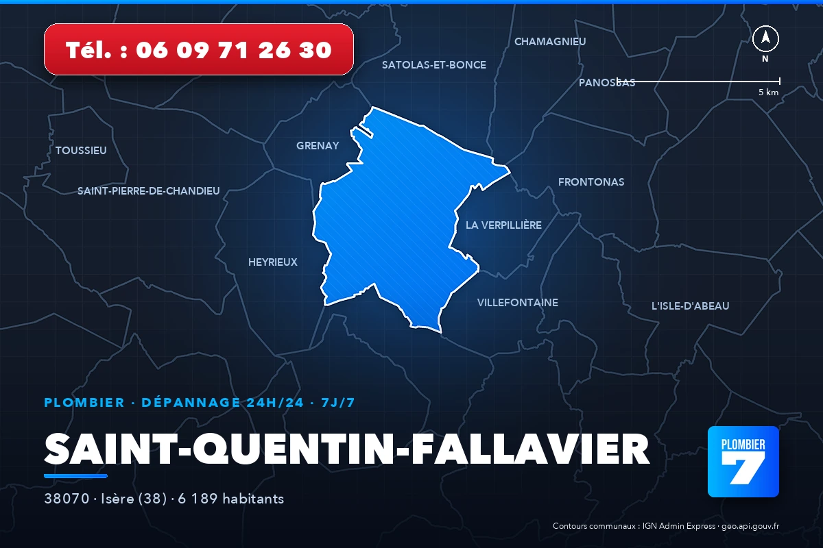 Plombier à Saint-Quentin-Fallavier (38070) — zone d'intervention de Plombier 7, dépannage 24h/24 et 7j/7