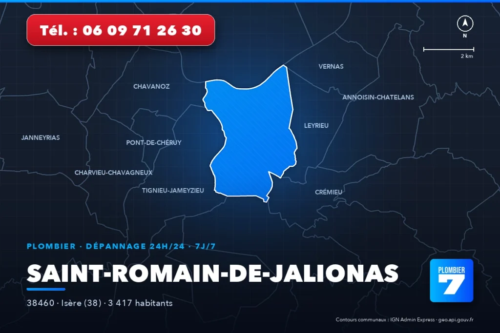 Plombier à Saint-Romain-de-Jalionas (38460) — zone d'intervention de Plombier 7, dépannage 24h/24 et 7j/7
