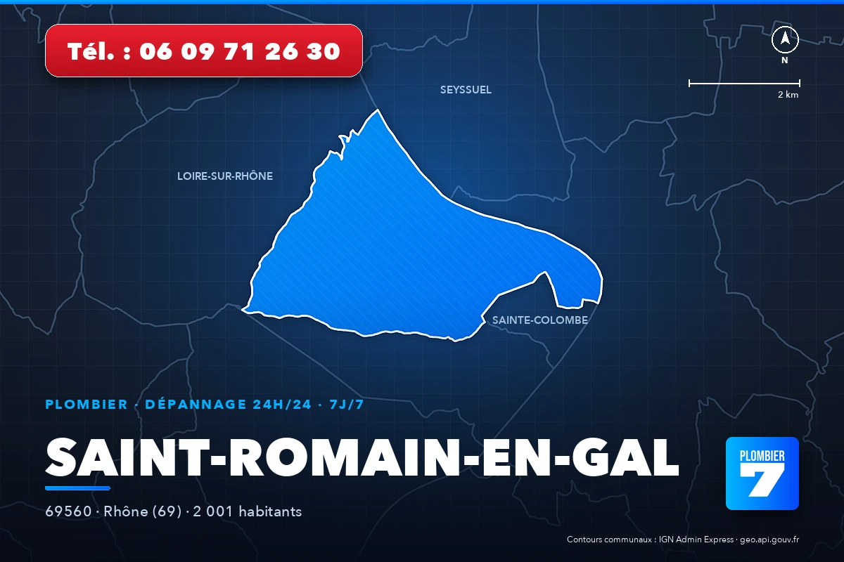 Plombier à Saint-Romain-en-Gal (69560) — zone d'intervention de Plombier 7, dépannage 24h/24 et 7j/7
