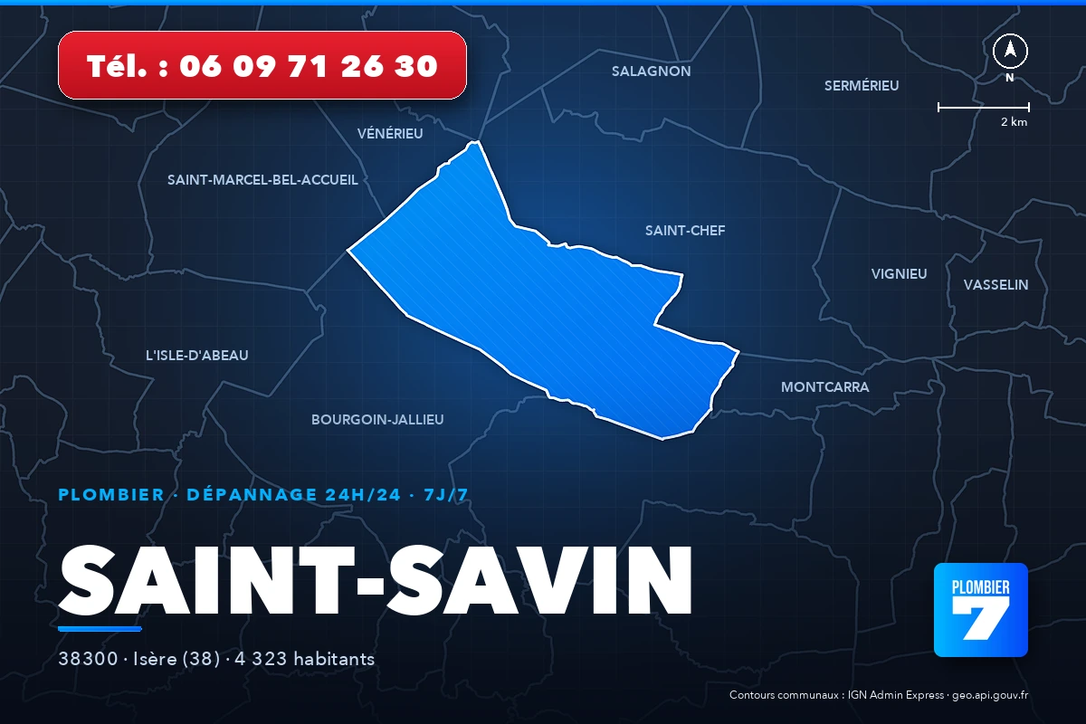 Plombier à Saint-Savin (38300) — zone d'intervention de Plombier 7, dépannage 24h/24 et 7j/7