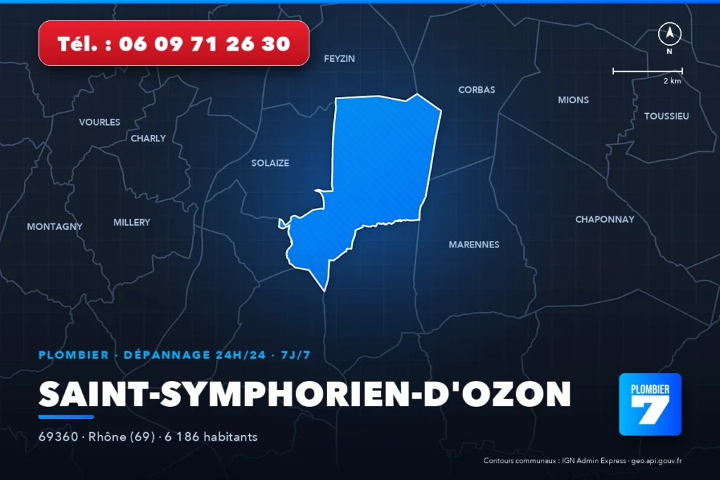 Plombier à Saint-Symphorien-d'Ozon (69360) — zone d'intervention de Plombier 7, dépannage 24h/24 et 7j/7