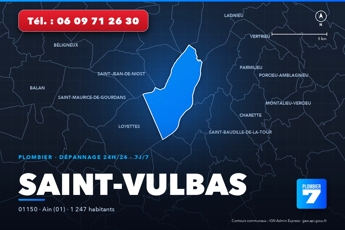 Plombier à Saint-Vulbas (01150) — zone d'intervention de Plombier 7, dépannage 24h/24 et 7j/7
