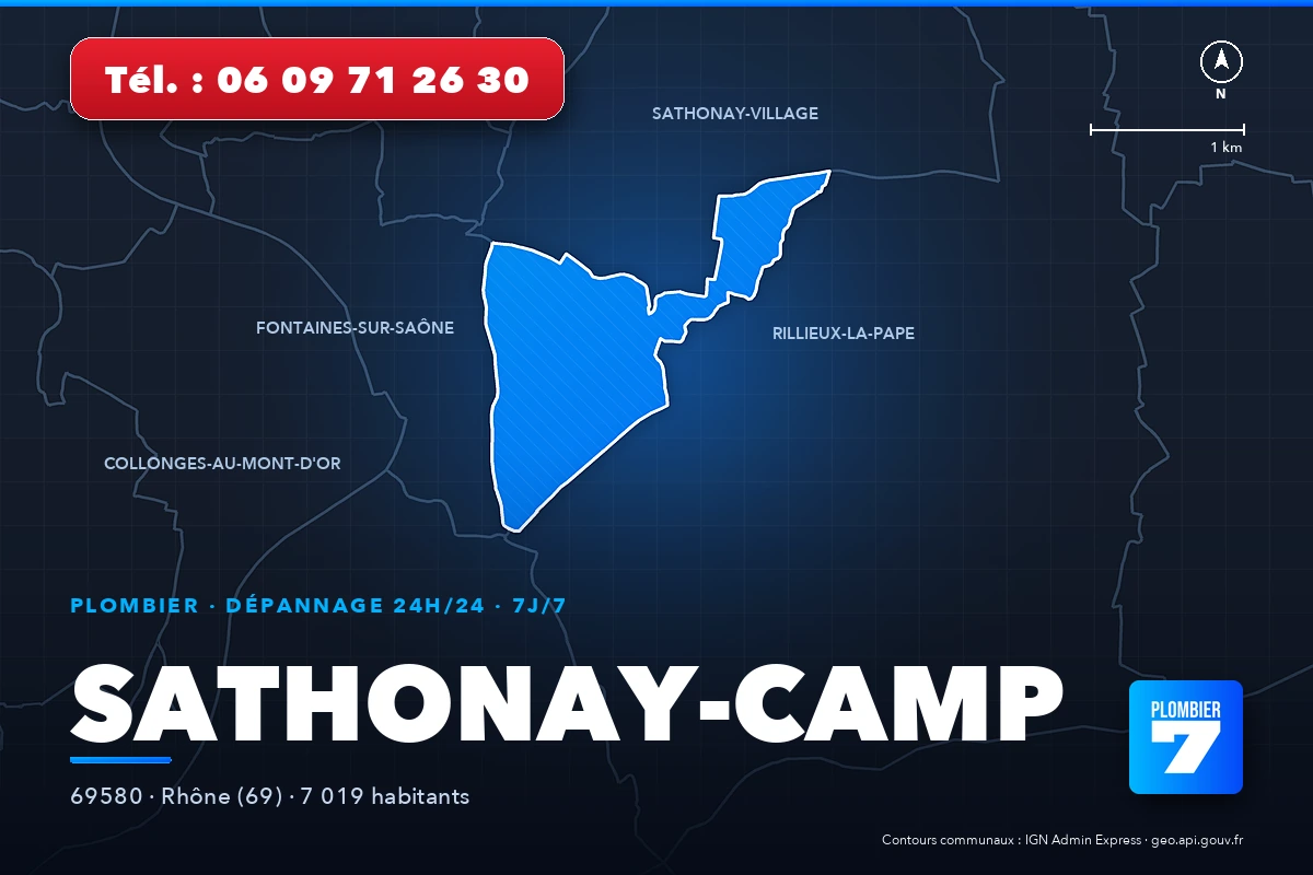 Plombier à Sathonay-Camp (69580) — zone d'intervention de Plombier 7, dépannage 24h/24 et 7j/7