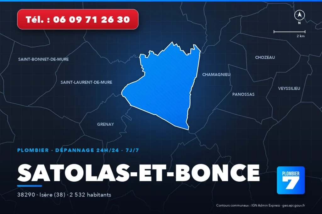 Plombier à Satolas-et-Bonce (38290) — zone d'intervention de Plombier 7, dépannage 24h/24 et 7j/7
