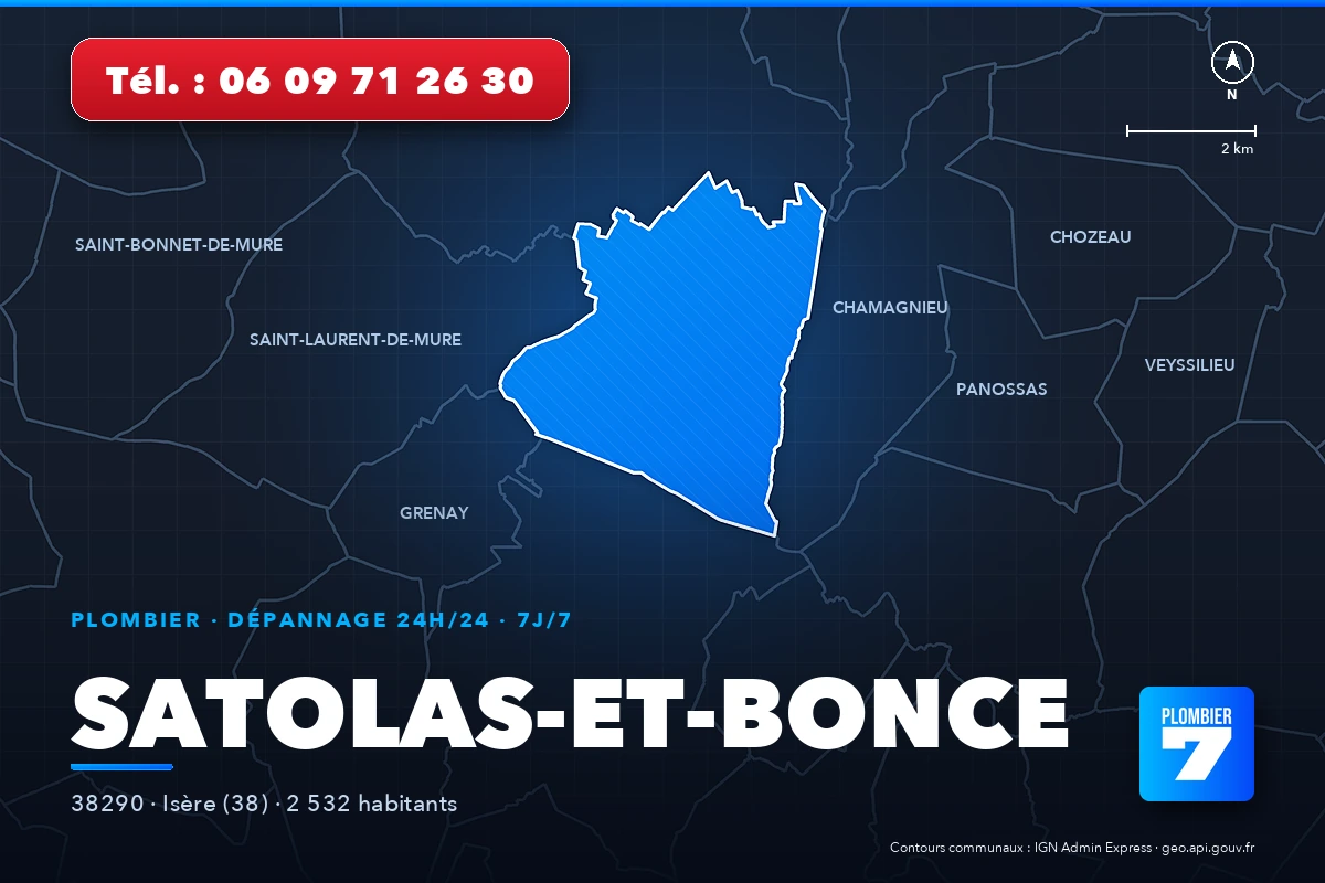 Plombier à Satolas-et-Bonce (38290) — zone d'intervention de Plombier 7, dépannage 24h/24 et 7j/7