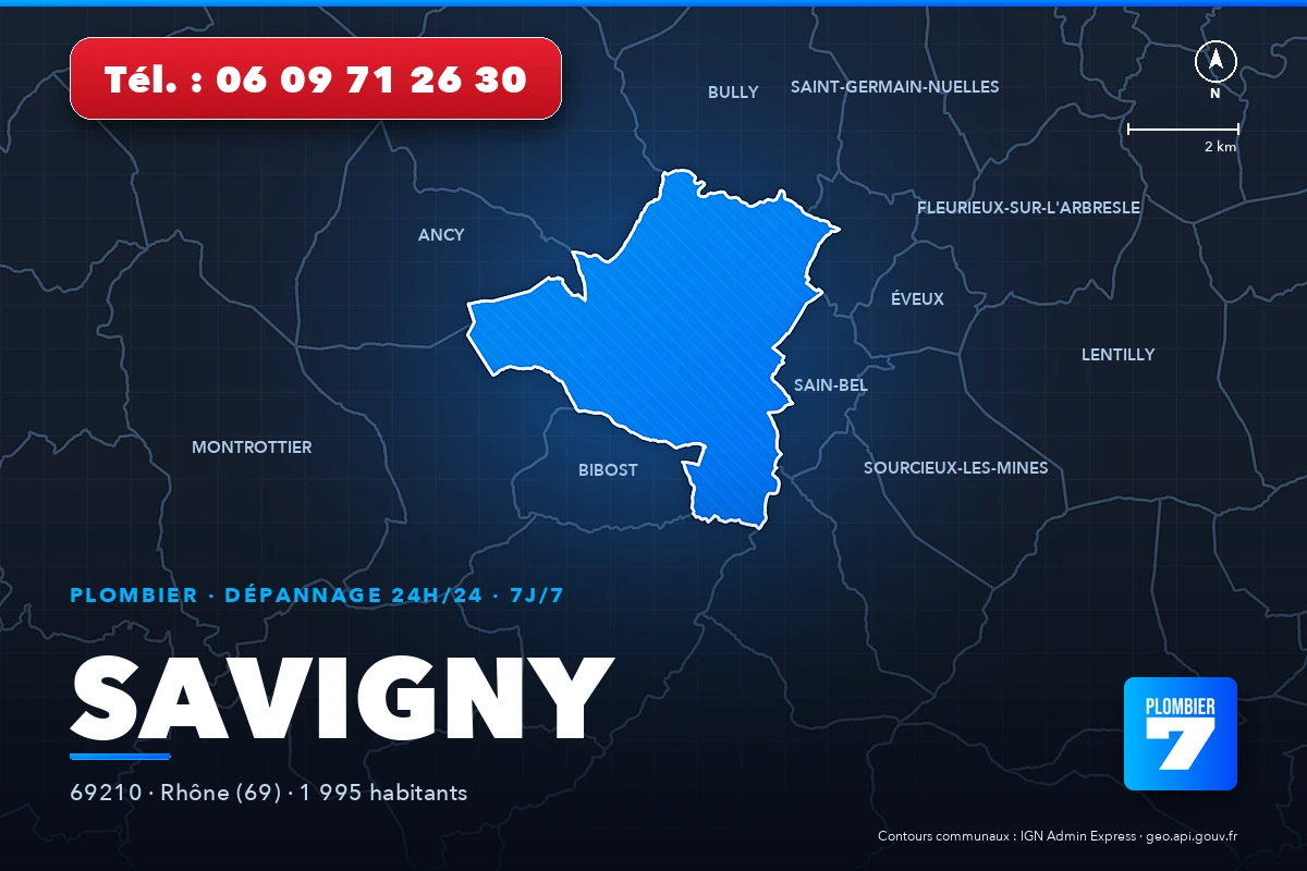 Plombier à Savigny (69210) — zone d'intervention de Plombier 7, dépannage 24h/24 et 7j/7