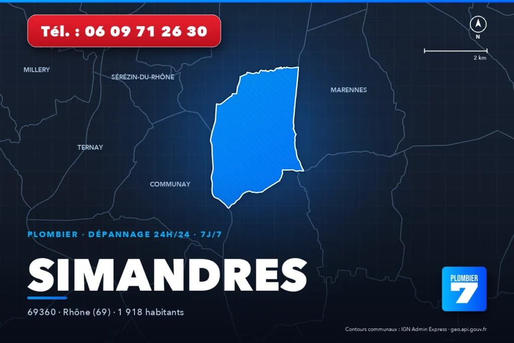 Plombier à Simandres (69360) — zone d'intervention de Plombier 7, dépannage 24h/24 et 7j/7