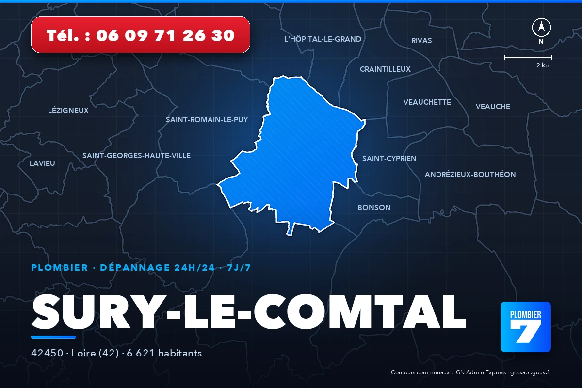 Plombier à Sury-le-Comtal (42450) — zone d'intervention de Plombier 7, dépannage 24h/24 et 7j/7