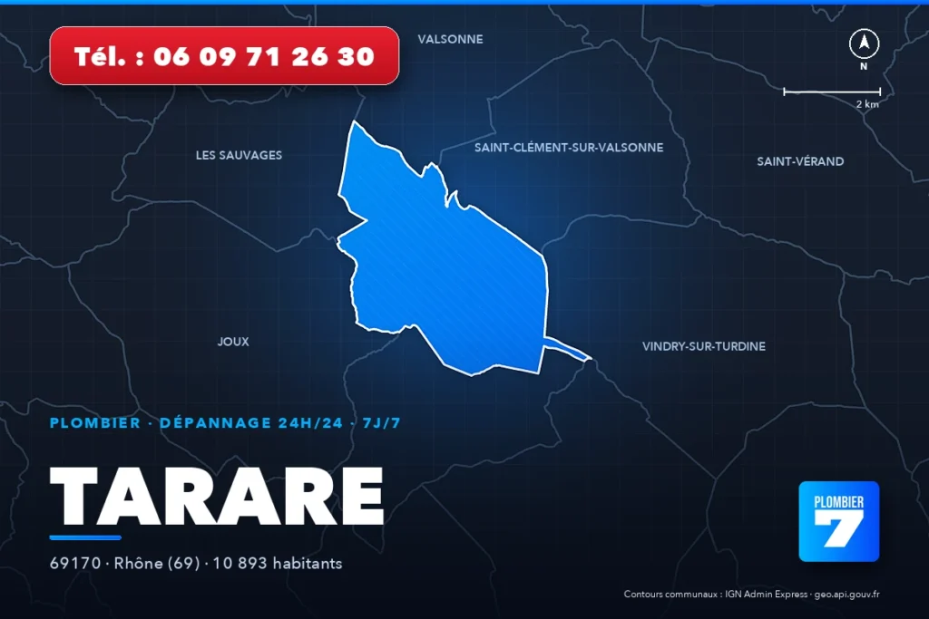 Plombier à Tarare (69170) — zone d'intervention de Plombier 7, dépannage 24h/24 et 7j/7