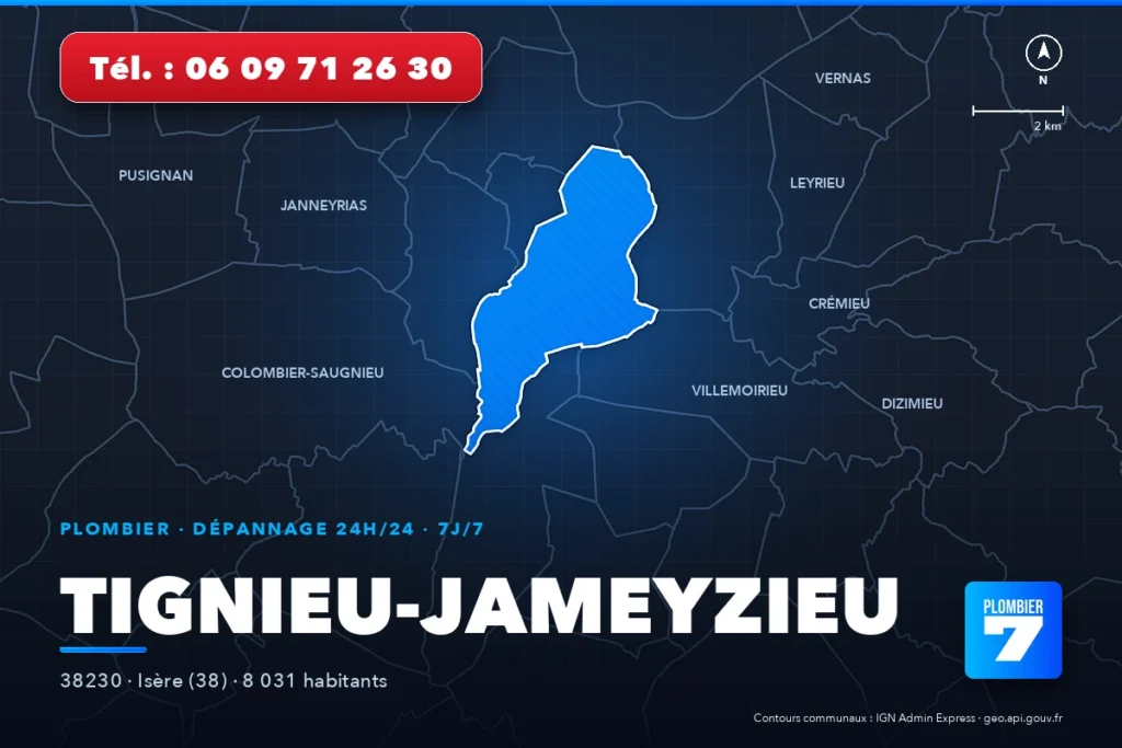 Plombier à Tignieu-Jameyzieu (38230) — zone d'intervention de Plombier 7, dépannage 24h/24 et 7j/7