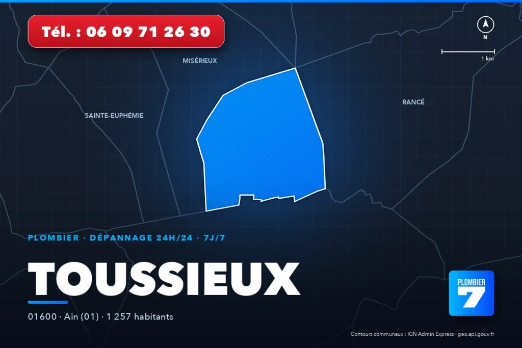 Plombier à Toussieux (01600) — zone d'intervention de Plombier 7, dépannage 24h/24 et 7j/7