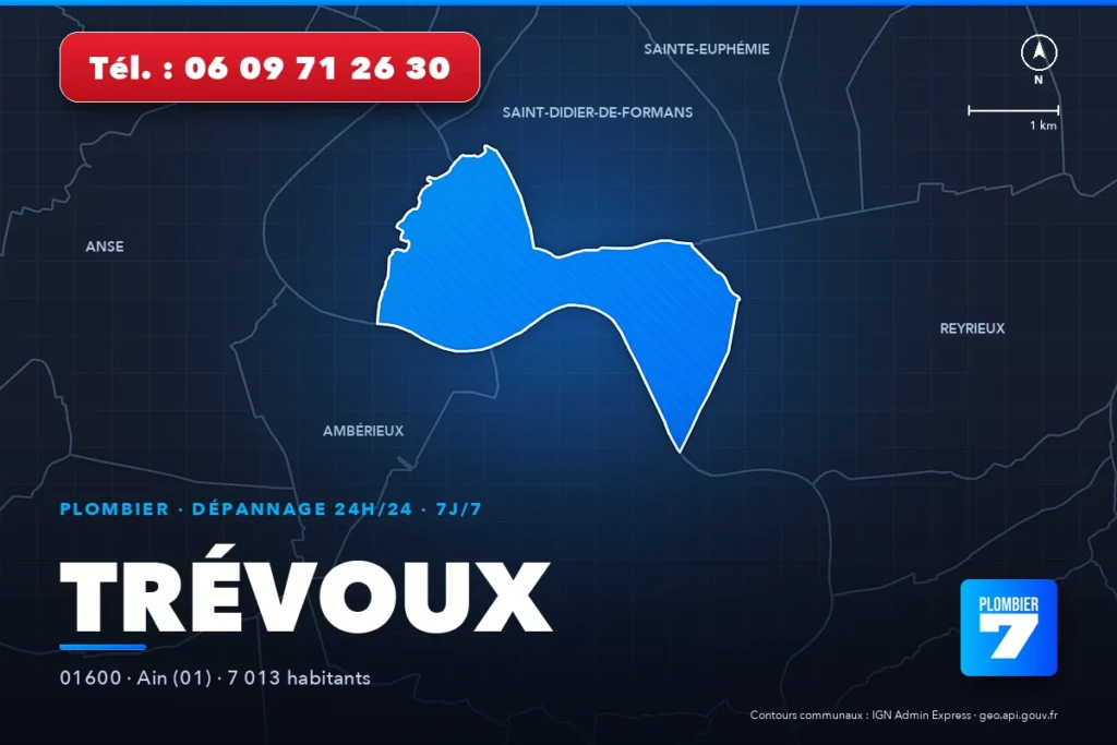 Plombier à Trévoux (01600) — zone d'intervention de Plombier 7, dépannage 24h/24 et 7j/7