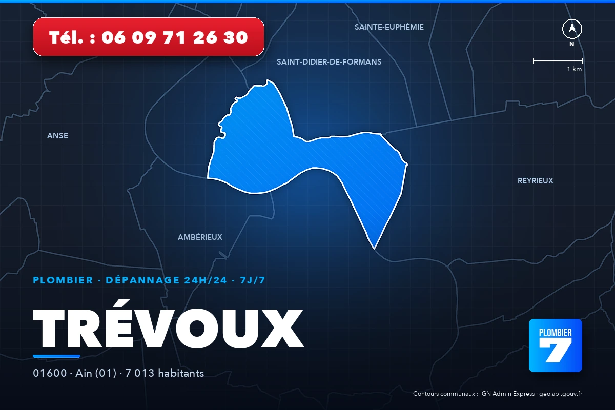 Plombier à Trévoux (01600) — zone d'intervention de Plombier 7, dépannage 24h/24 et 7j/7