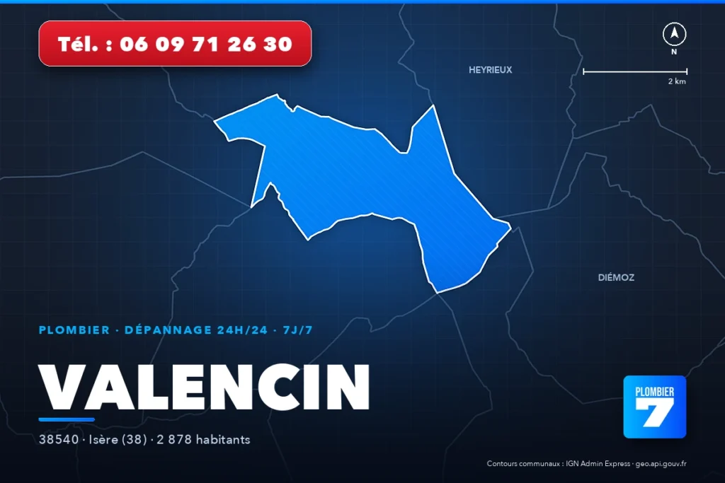 Plombier à Valencin (38540) — zone d'intervention de Plombier 7, dépannage 24h/24 et 7j/7