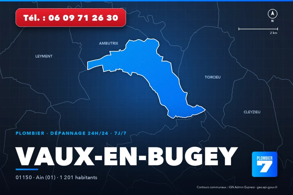 Plombier à Vaux-en-Bugey (01150) — zone d'intervention de Plombier 7, dépannage 24h/24 et 7j/7