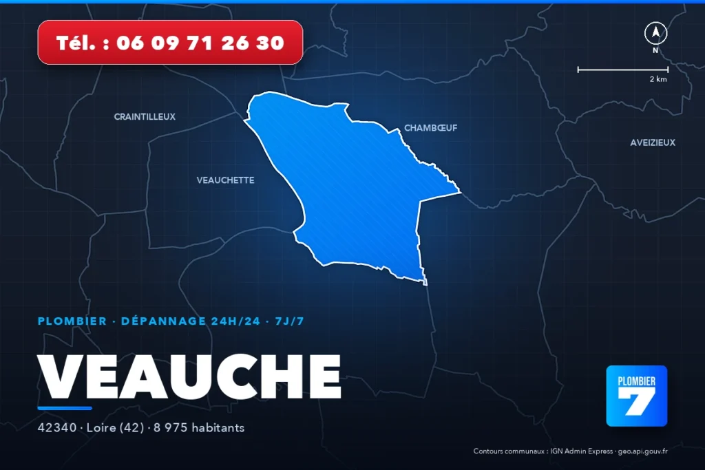 Plombier à Veauche (42340) — zone d'intervention de Plombier 7, dépannage 24h/24 et 7j/7
