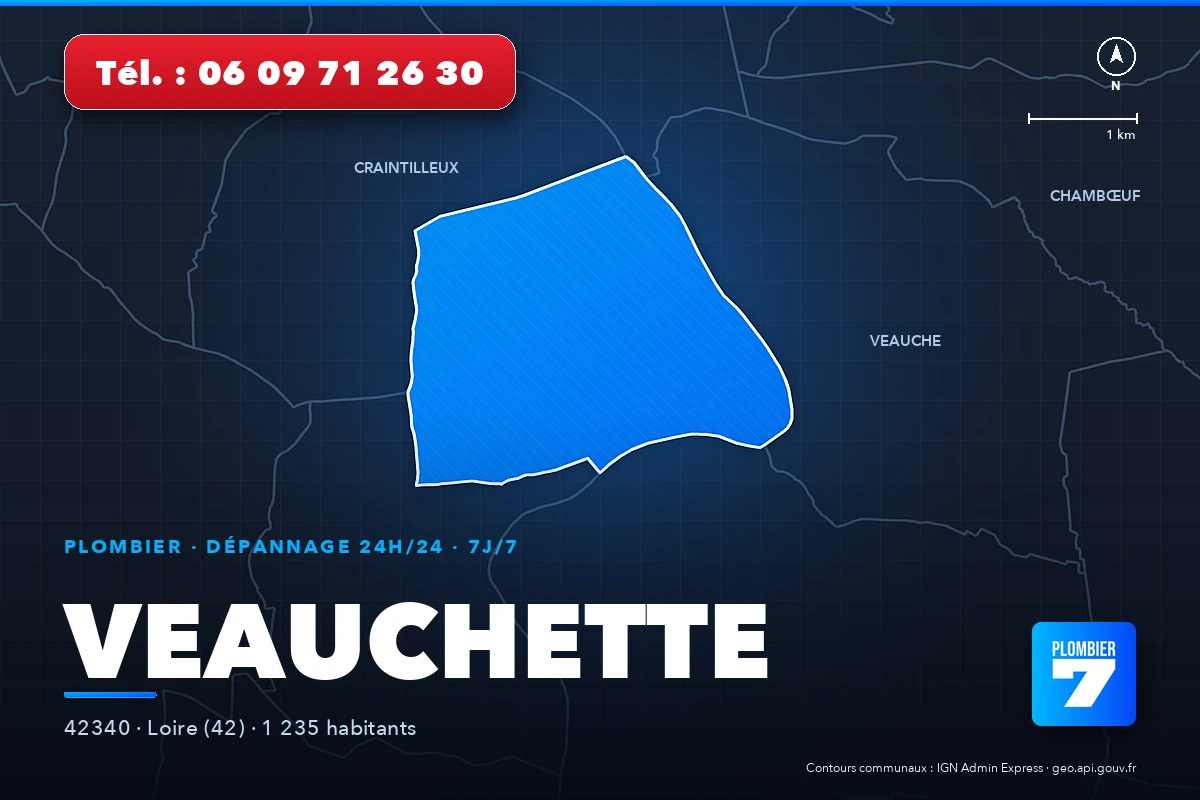 Plombier à Veauchette (42340) — zone d'intervention de Plombier 7, dépannage 24h/24 et 7j/7