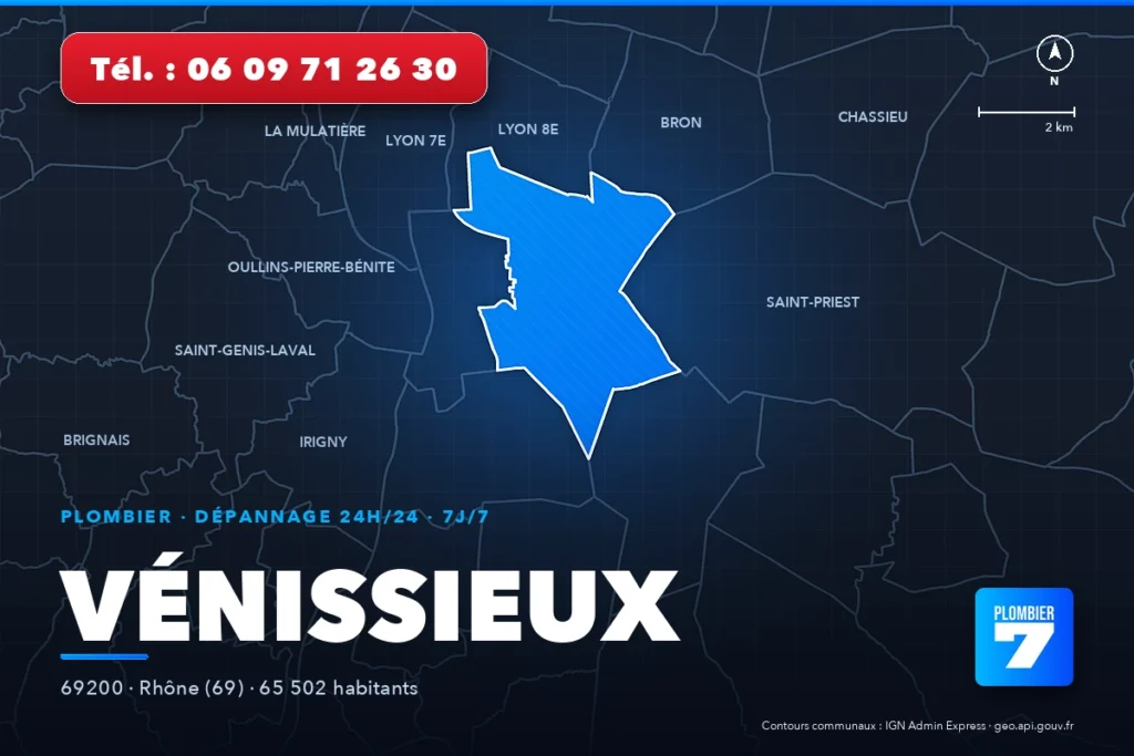 Plombier à Vénissieux (69200) — zone d'intervention de Plombier 7, dépannage 24h/24 et 7j/7