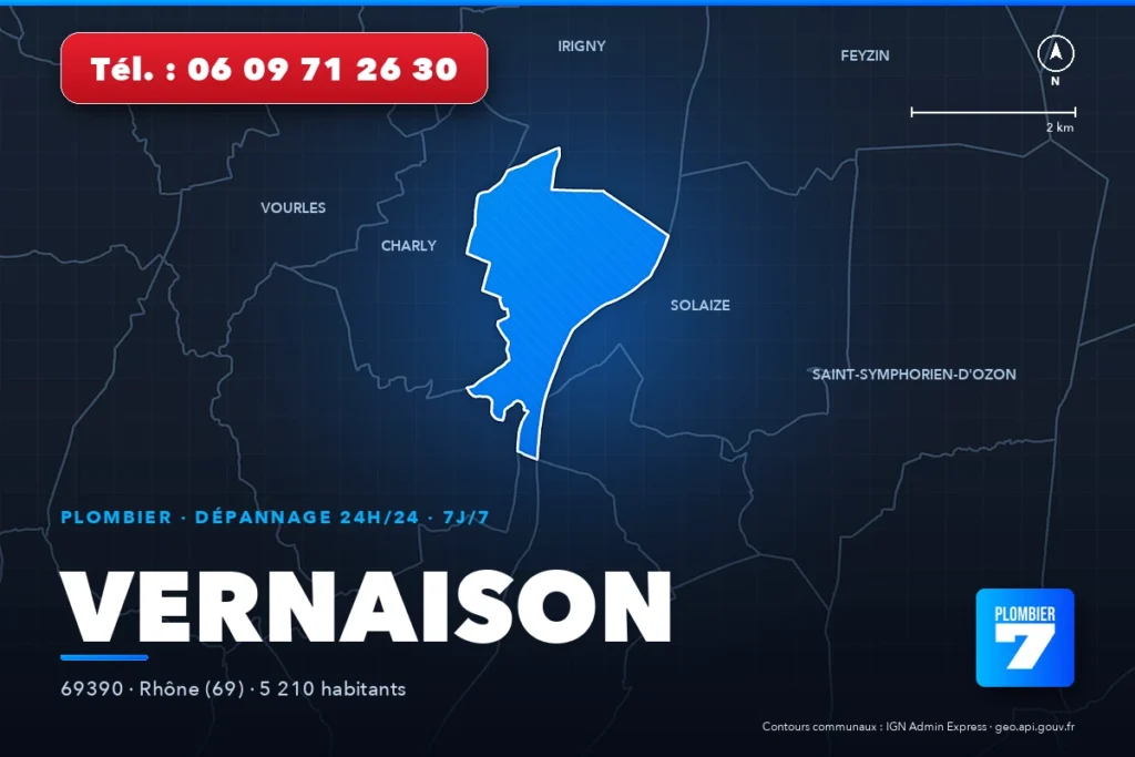 Plombier à Vernaison (69390) — zone d'intervention de Plombier 7, dépannage 24h/24 et 7j/7