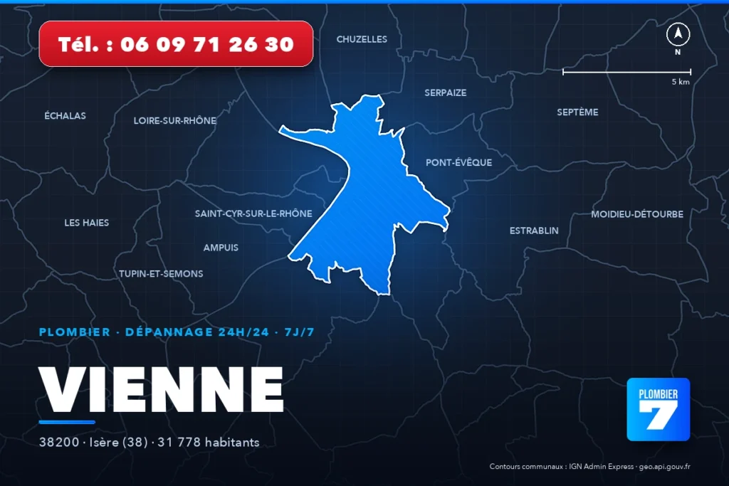 Plombier à Vienne (38200) — zone d'intervention de Plombier 7, dépannage 24h/24 et 7j/7
