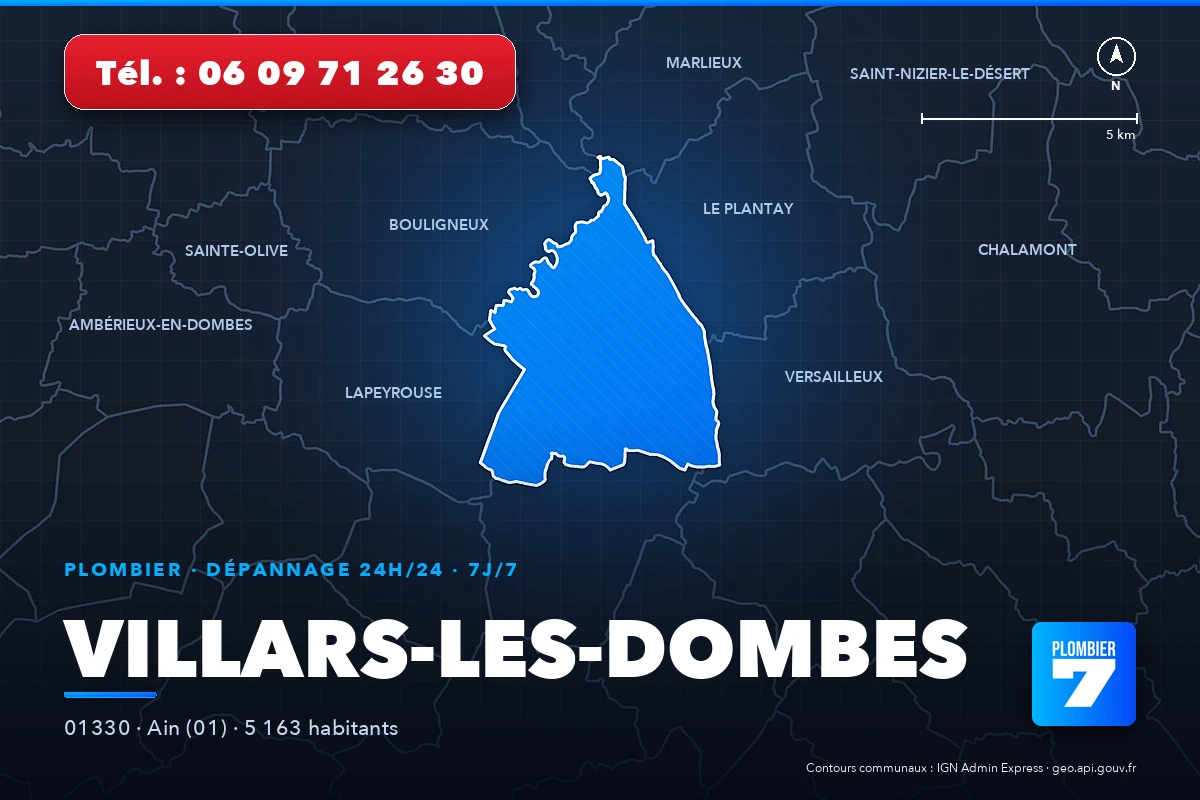 Plombier à Villars-les-Dombes (01330) — zone d'intervention de Plombier 7, dépannage 24h/24 et 7j/7