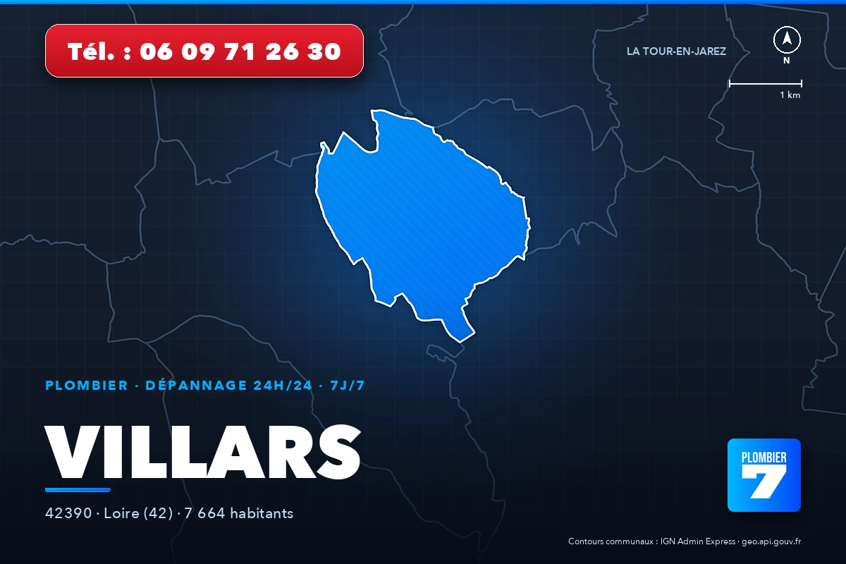 Plombier à Villars (42390) — zone d'intervention de Plombier 7, dépannage 24h/24 et 7j/7