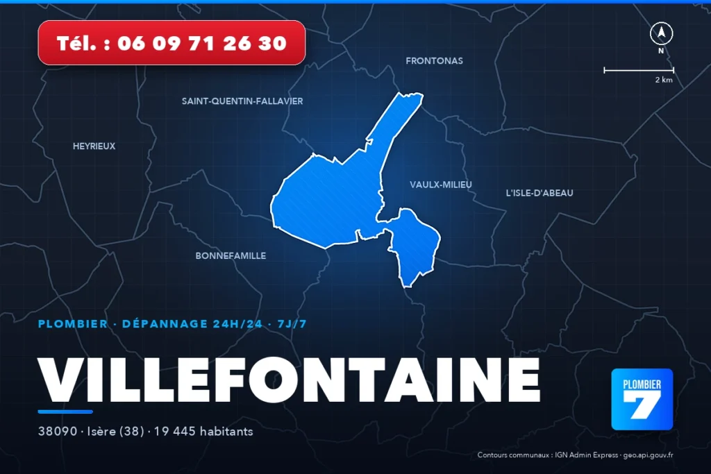 Plombier à Villefontaine (38090) — zone d'intervention de Plombier 7, dépannage 24h/24 et 7j/7