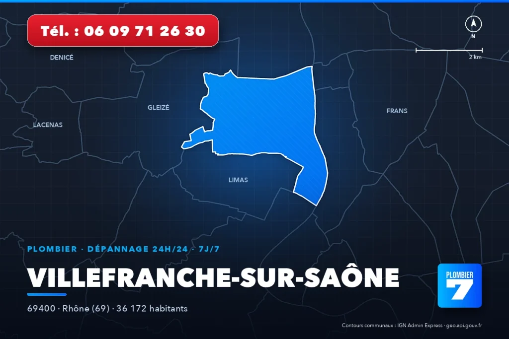 Plombier à Villefranche-sur-Saône (69400) — zone d'intervention de Plombier 7, dépannage 24h/24 et 7j/7