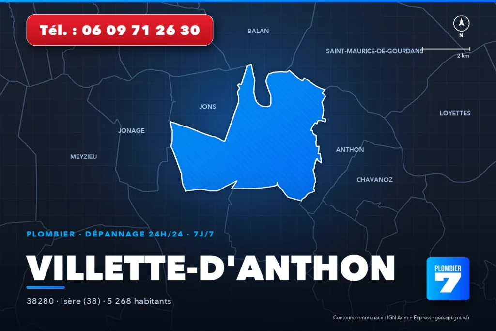 Plombier à Villette-d'Anthon (38280) — zone d'intervention de Plombier 7, dépannage 24h/24 et 7j/7