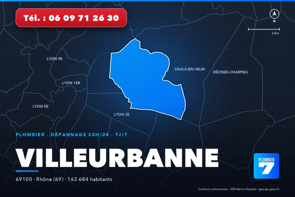 Plombier à Villeurbanne (69100) — zone d'intervention de Plombier 7, dépannage 24h/24 et 7j/7