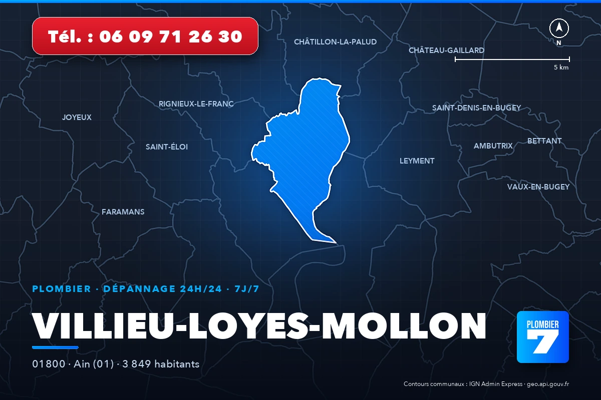 Plombier à Villieu-Loyes-Mollon (01800) — zone d'intervention de Plombier 7, dépannage 24h/24 et 7j/7