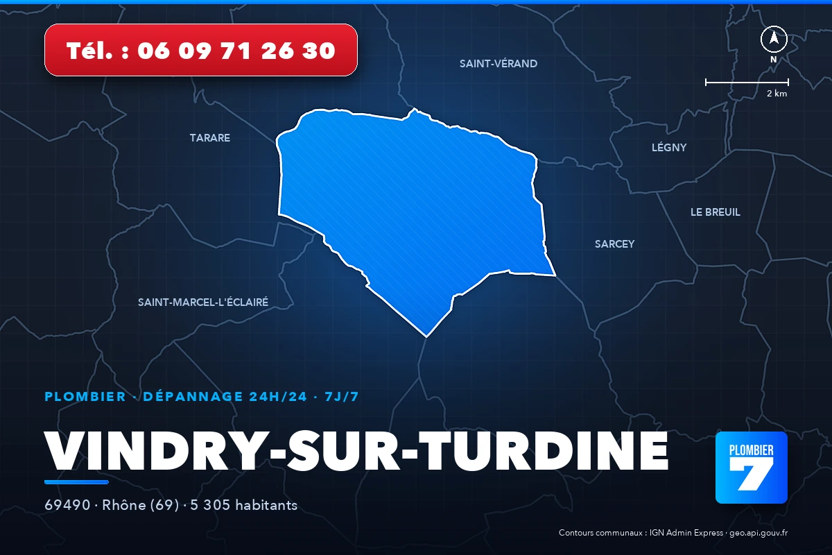 Plombier à Vindry-sur-Turdine (69490) — zone d'intervention de Plombier 7, dépannage 24h/24 et 7j/7