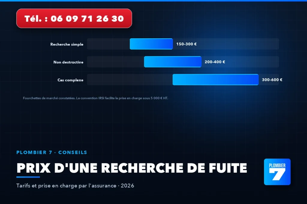 Prix d'une recherche de fuite — Tarifs et prise en charge par l'assurance, 2026 | Plombier 7, plombier à Lyon 24h/24 et 7j/7