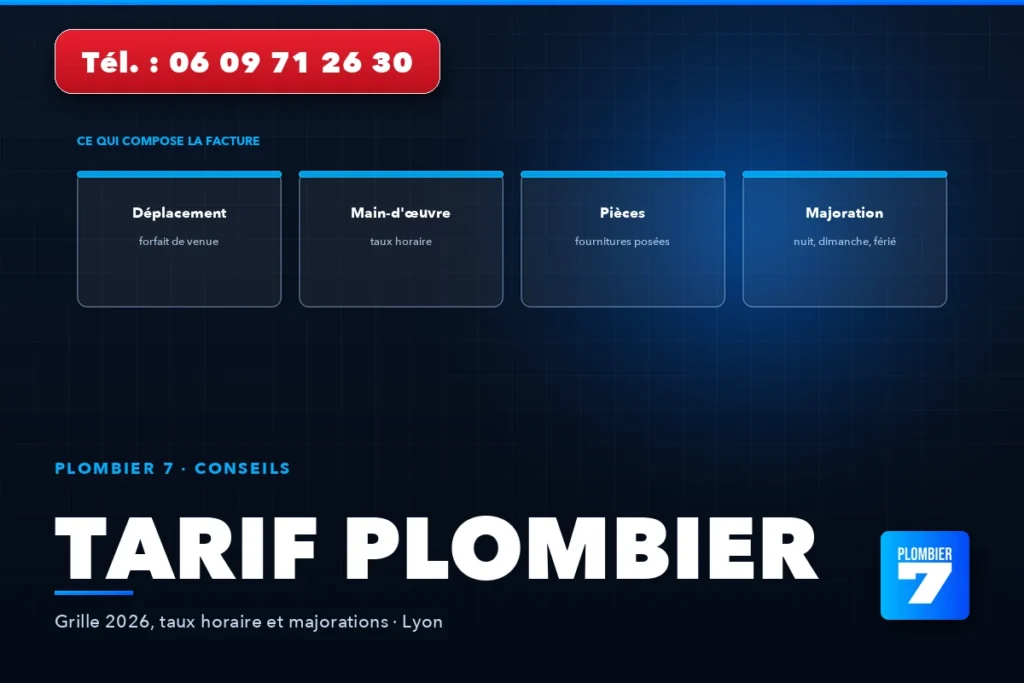 Tarif plombier — Grille 2026, taux horaire et majorations, Lyon | Plombier 7, plombier à Lyon 24h/24 et 7j/7